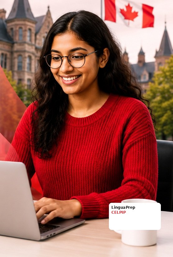 Student preparing for CELPIP with a laptop in a Canadian campus setting